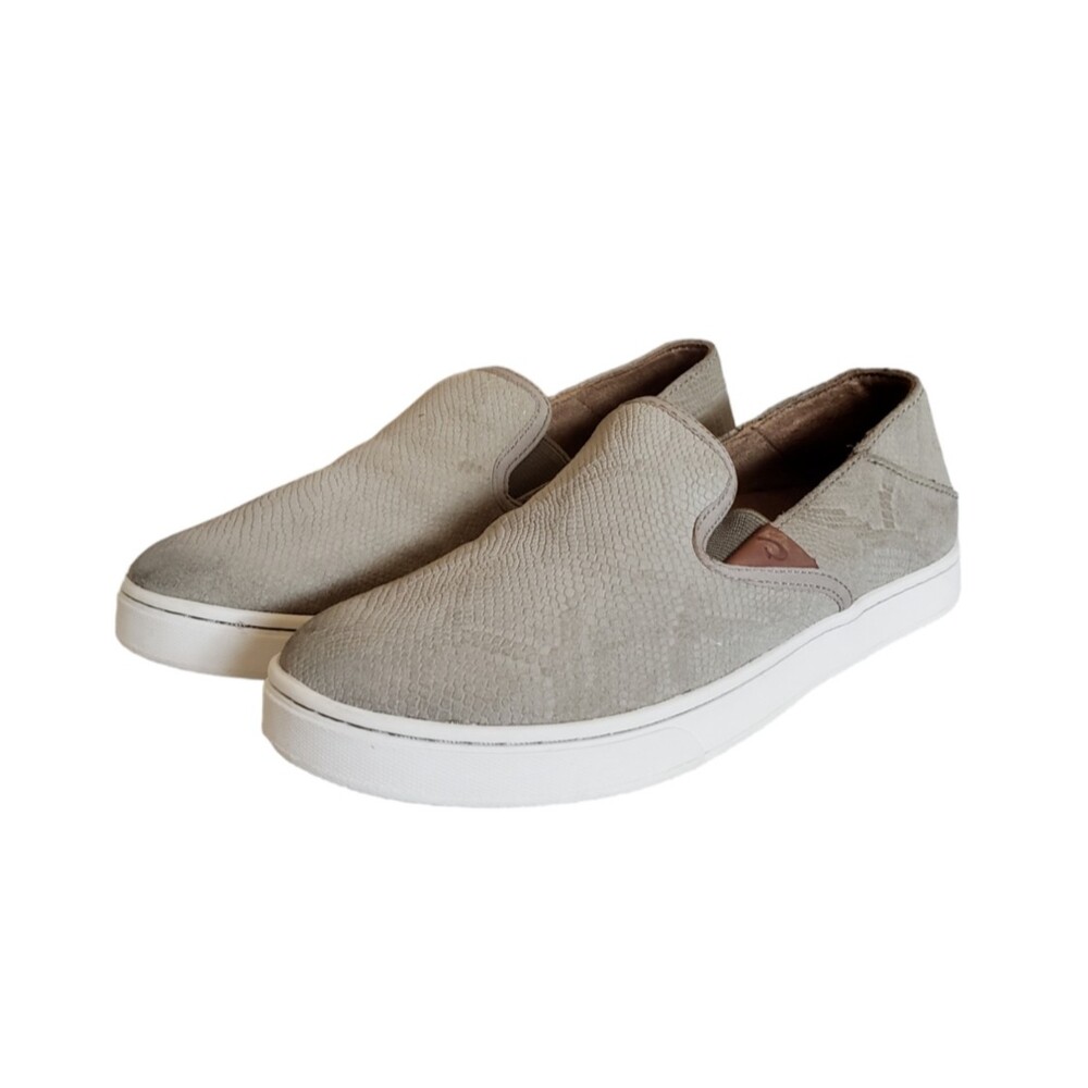 Olukai Pehuea Leather Women's Size 7 EU 37 Slip On Sneaker Snakeskin Print Tan